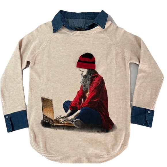 Ness Sweaters - Ness Light Oatmeal Knit 3D knit appliqué Beanie Denim Shirt Collar Large Sweater
